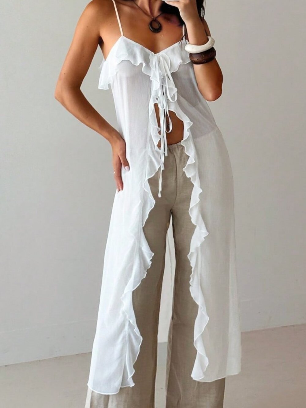 White Casual Women's Sexy Bohemian Style Sheer Extra Long Cami Top - Picture 3 of 9